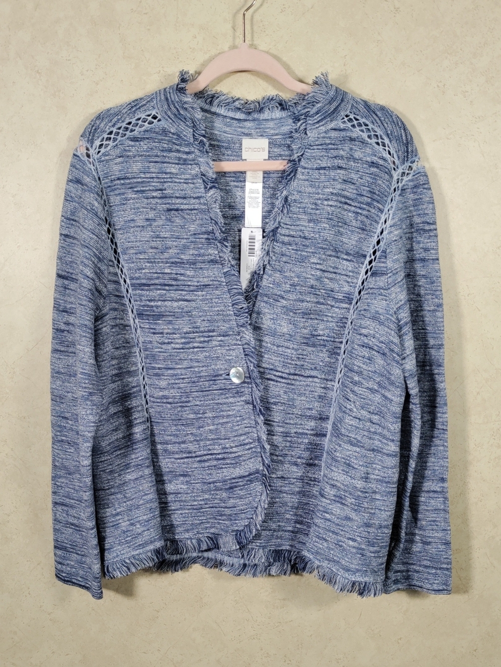 J145 Chico's Heathered Blue Fringe Trim Cardigan 2 L NWT